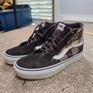 Vans High Top Sneakers Brown Suede Plaid Houndstooth Skate Shoes Women 9